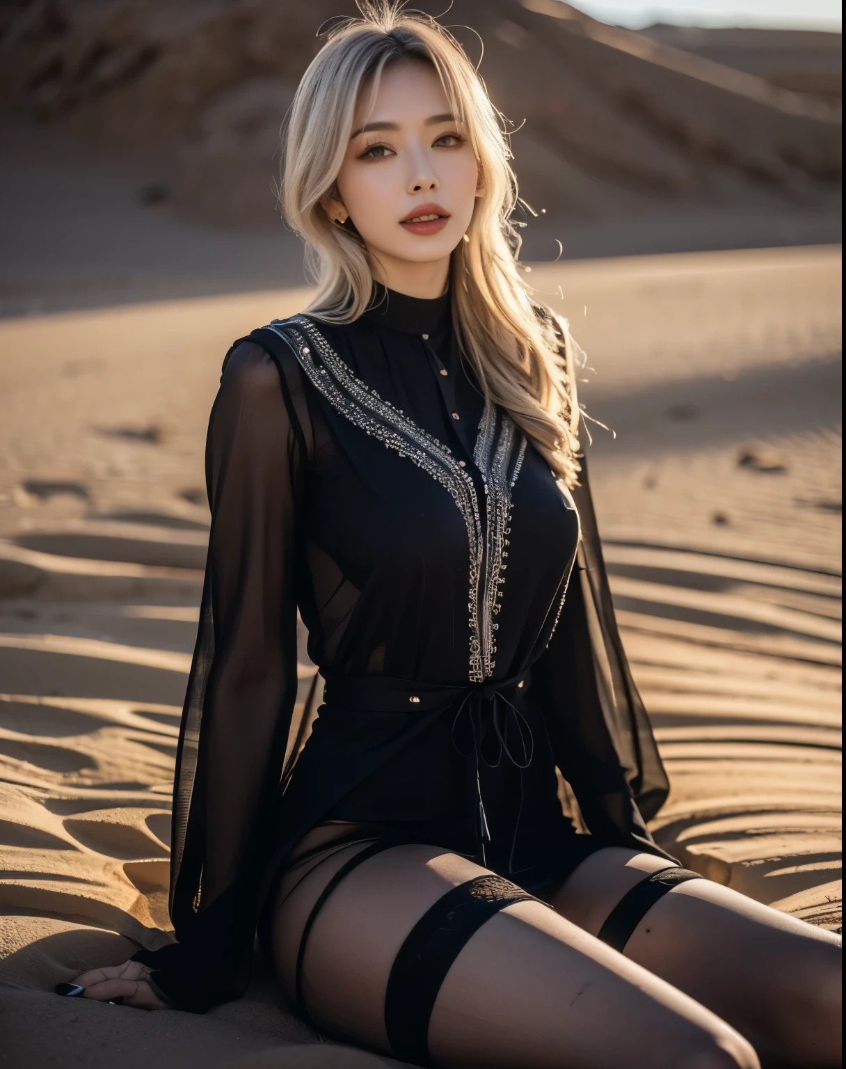 beautiful脚, stockings, ultra details, masterpiece, Highest Quality, beautiful, details, alone, charming smile, Sexy Lips , one girl, Brown Eyes in the Bedroom, Silver Hair, sexy pose, Big Breasts, low hair ring, widens legs, stylish hair , abaya, Beautiful woman sitting in the desert, dessert