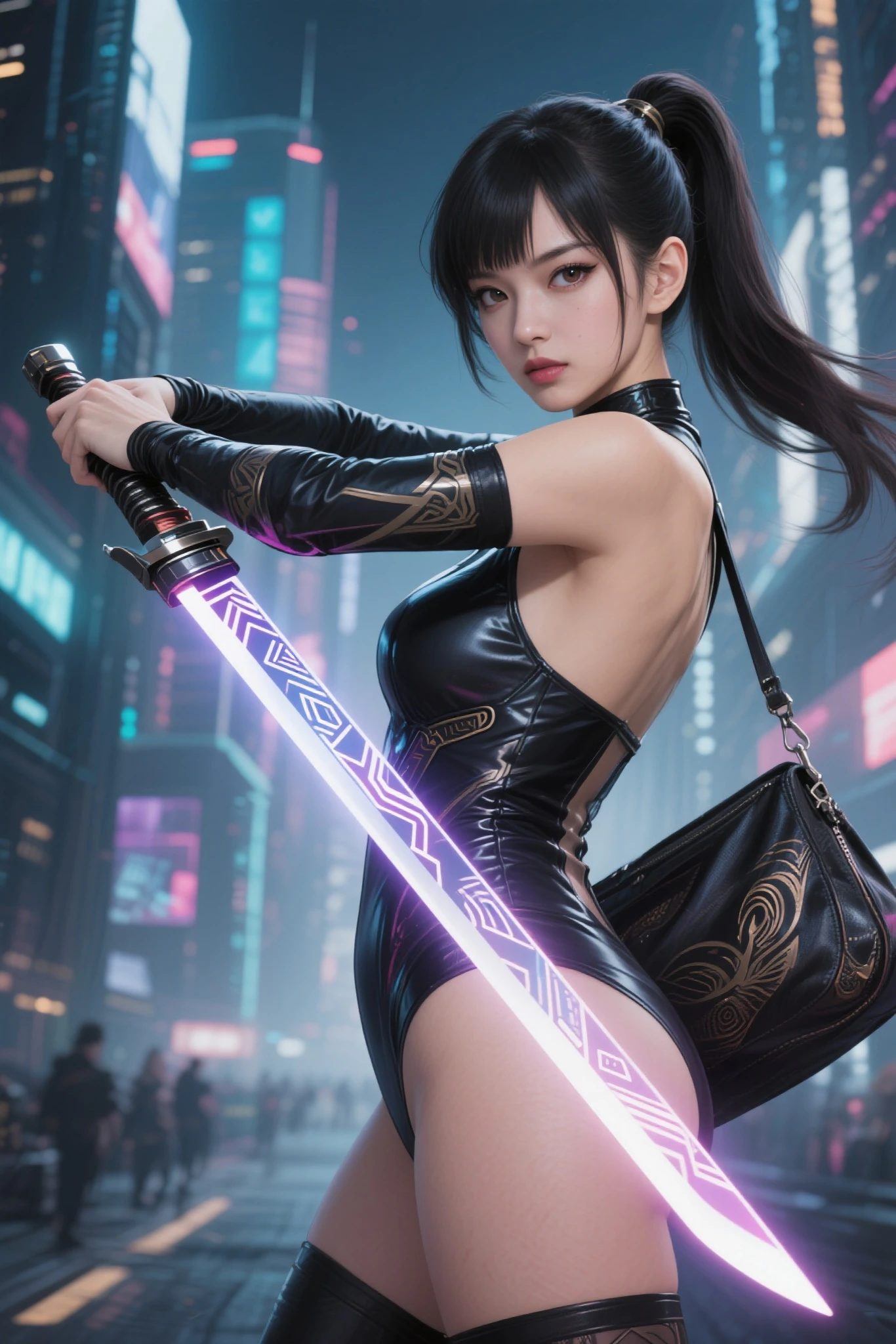(best quality,4k,8k,highres,masterpiece:1.2),ultra-detailed,(realistic,photorealistic,photo-realistic:1.37),A sexy Japanese woman, age 20, ankle length hair, giga breasts, petite, metal tape swimsuit, is practicing fencing in the rain using her lightsaber,anime,metallic colors,moody lighting