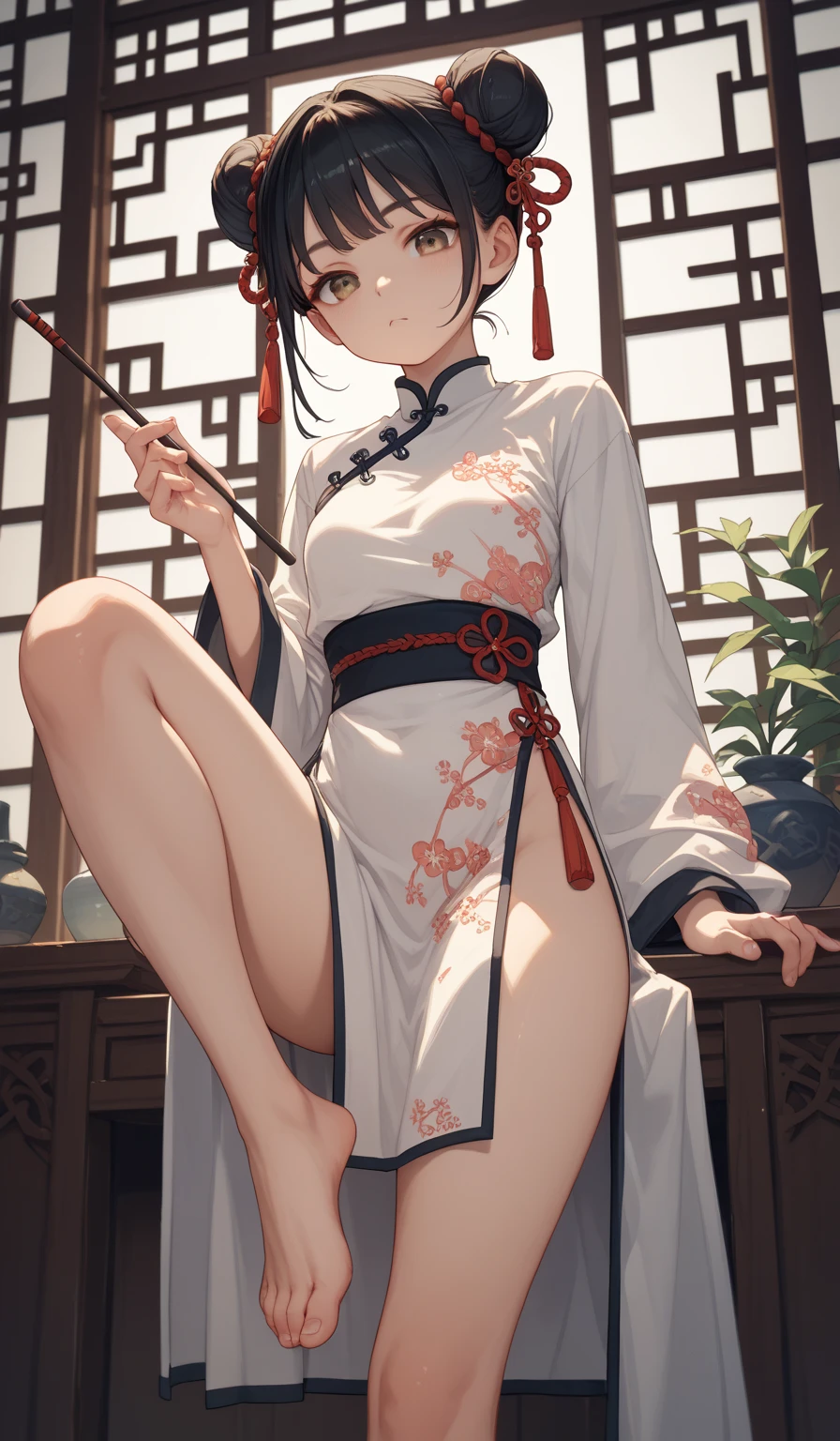 (Chinese traditional old painting image, hanfu), angle from side below, (((round face))), drooping eyes, tiny earrings, ((standing and straddling to hit her crotch area against a corner of the table for  while hiding her crotch with dress)), open mouth, plants, in the garden, hair up,