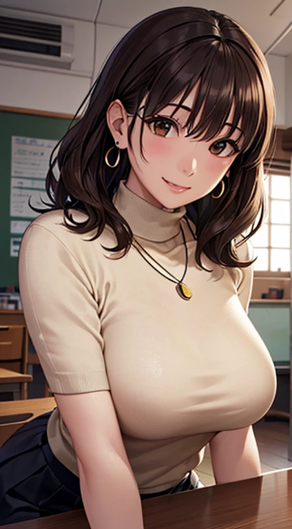 (Tabletop, highest quality, High resolution, , Perfect Pixel, 4K,), 1 girl, single, alone, Beautiful woman、I could see the whole body、 ((Wavy mid-hair, bangs, brown hair)), ((Brown eyes, Beautiful eyelashes, Realistic eyes)), ((Detailed face, blush:1.2)), ((Smooth texture:0.75, Realistic texture:0.65, Realistic:1.1, Anime CG Style)), Medium chest, Dynamic Angle, Perfect body, female teacher、((, beige off shoulder sweater、Tight denim skirt、Black Stockings、Cute Necklace、Earrings、)), Looking up、A shy smile、look back、leaning forward、)、Angle from below、、、