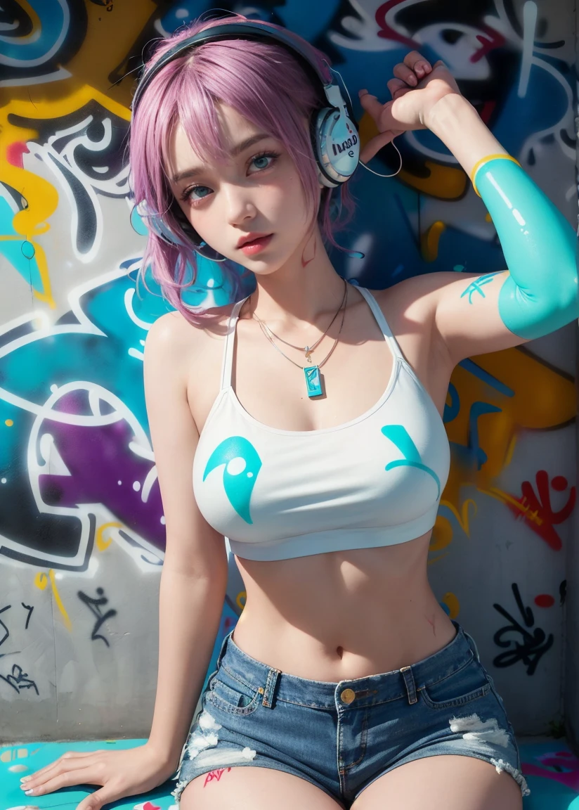 (8k, highest quality, masterpiece:1,2), (Realistic, Photorealistic:1.37), Very detailed, One Girl,), (Very detailed), (Fine and beautiful eyes), (highest qualityの), (Very detailed ), (masterpiece), (Detailed face),20-year-old, ,1 girl, whole body, Pink Hair,Very short hair, Medium chest, Dressed, Excited face, Mischievous face,Perfect lighting, Crop top, Denim shorts, choker, (graffiti:1.5), Paint splashes, Put your arms behind your back, Against the wall, Looking at the audience, Armband, Thigh straps, body paint, Tilt your head, boredom, Colorful Hair, Aqua Eye, headset,((NSFW:0.9)),tall