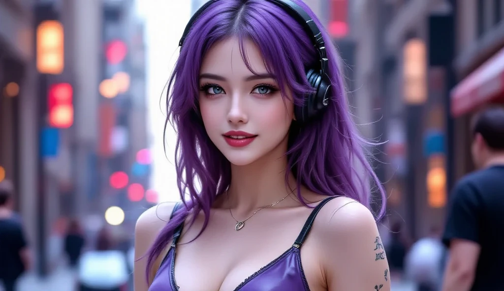 masterpiece, woman , dynamic, kpopIDOL, promotional photo, raise hand, shout, kiss, face close, downtown, hustle, impressive eyes, fine skin texture, confident lol, overhead view, strabismus, strabismus, strabismus, high resolution, profoto, street corner, crotch, blue, sheer jacket with cleavage zipper, string sport mini skirt, spotlight, rock singer, rainbow hair,, navel, straight hair, hands in pockets, Headphones, Long Hair, Tattoo