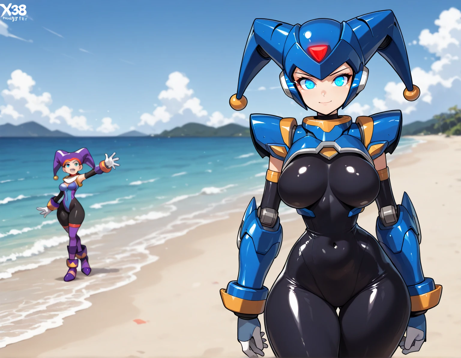 humanoid robot, 2girls, lily_entomach, 1futa, blue hair, long hair, chinese ethnicity, robotic joints, black robot,medium breasts, robot futanari, cleavage, pigtails, bangs, white and grey skin, completely impaled, blue eyes, outdoors, beach, sunlight, day, skinny, lips, athletic, breast grab, hug from behind, short, blushing, sexy robot girl, pussy, deep penetration, robotic legs and arms, sitting on lap, vaginal penetration, penis, perfect vaginal penetration, impaled, futanari fucking girl,