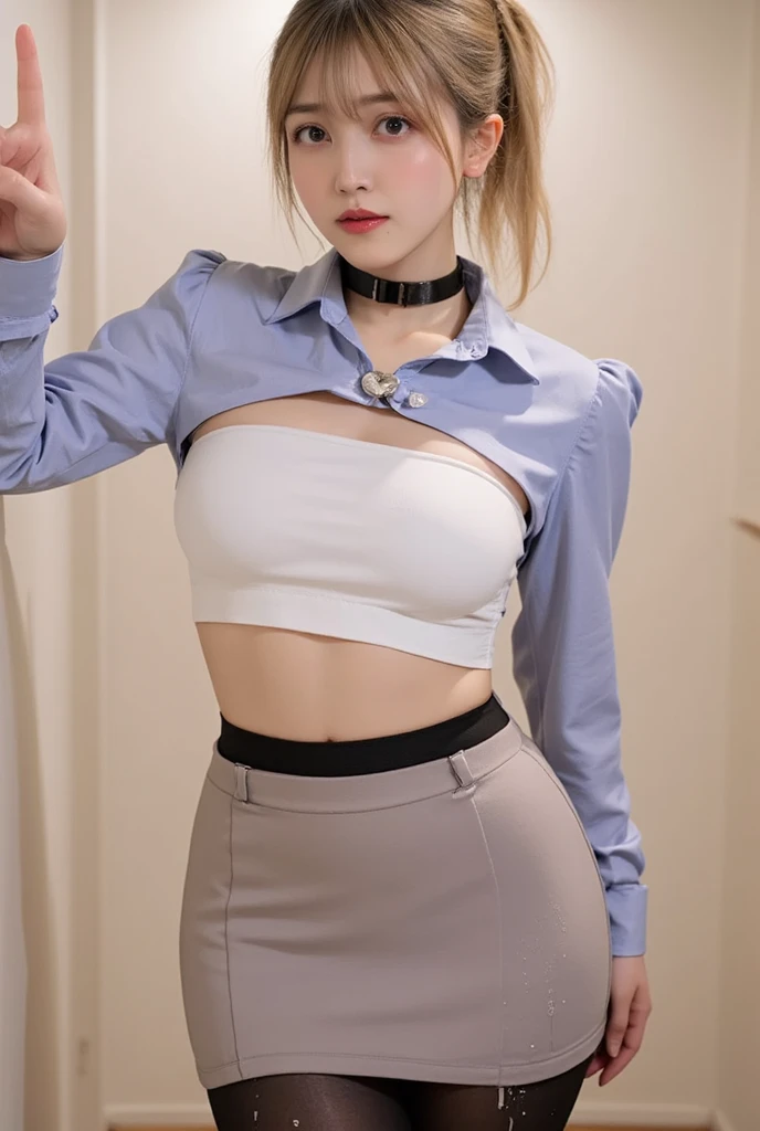 a close up of a woman in a skirt and shirt posing, seductive girl, perfect body, ((big breast, big hips)), detailed body, white hair, bobcut hair, hyperrealistic schoolgirl, sakimichan frank franzzeta, a hyperrealistic schoolgirl, sakimichan, revealing pink outfit, sexy pink outfit, intriguing outfit, blonde goddess, realistic schoolgirl, range murata and artgerm, very sexy pink outfit