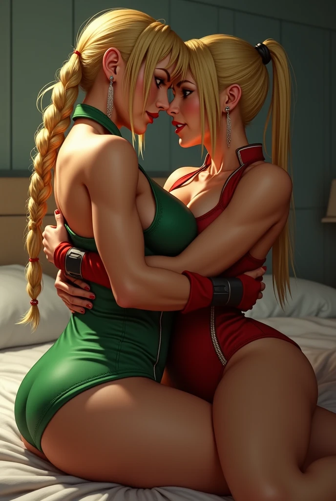 blonde woman,pigtails,midriff,short skirt,tight top,tie,striped socks,heavy boots,(red and green),panties,2girls,lesbian,(best quality,8k,ultra-detailed,realistic:1.37),HDR,UHD,studio lighting,(photography),vivid colors,sharp focus,landscape,dynamic lighting