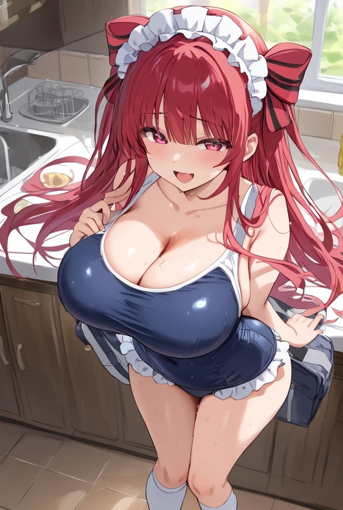 (wearing nothing:1.5), large breasts, ,Slicing meat, , 1girl, ,MASHIROTOUKO, BLACK HAIR, LOW TWINTAILS, HAIR OVER SHOULDER, HAIR RIBBON, BLUNT BANGS, LONG HAIR, BLACK EYES, , large breasts, solo, nsfw, nipple, church, , bedroom, blue sky,, , Peeing, lactation, projectile lactation