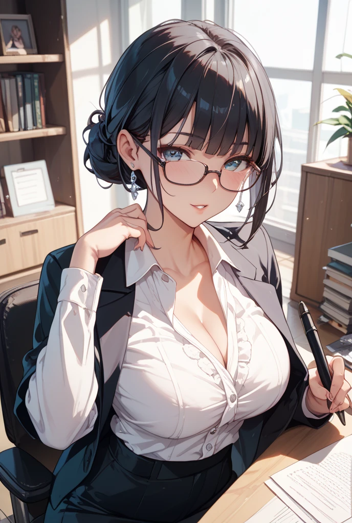 1 girl,A cute girl wearing glasses holding a fountain pen in her right hand and taking notes.,Very cute,single braid with bangs,A dark-haired,Glasses,Colossal tits,erectile nipple,tre anatomically correct,Grip a fountain pen with precise fingers,White shirt,The button looks like this'I'll pop it,photorealisim,masterpiece,