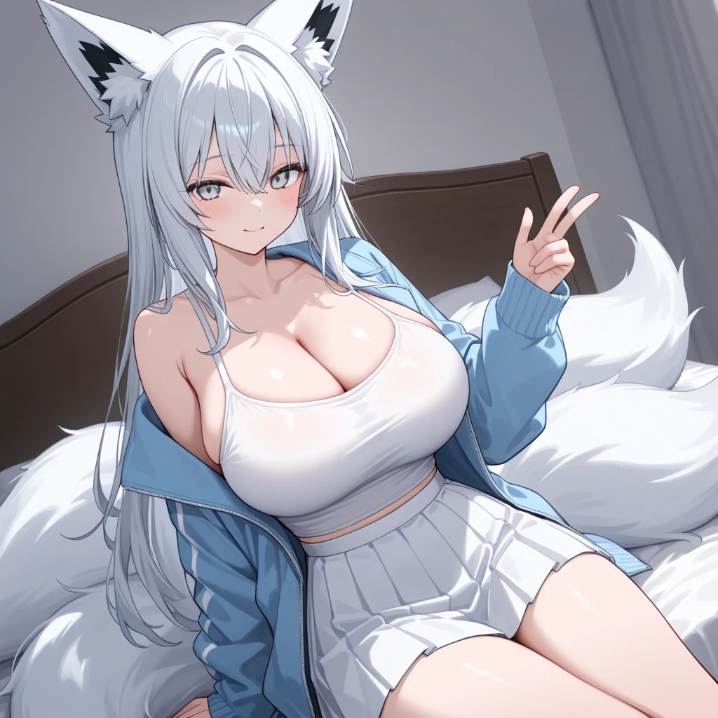 Anime White Wolf Girl Pink Eyes Big Breasts Blue Pajamas With One Hand Under Her Panties