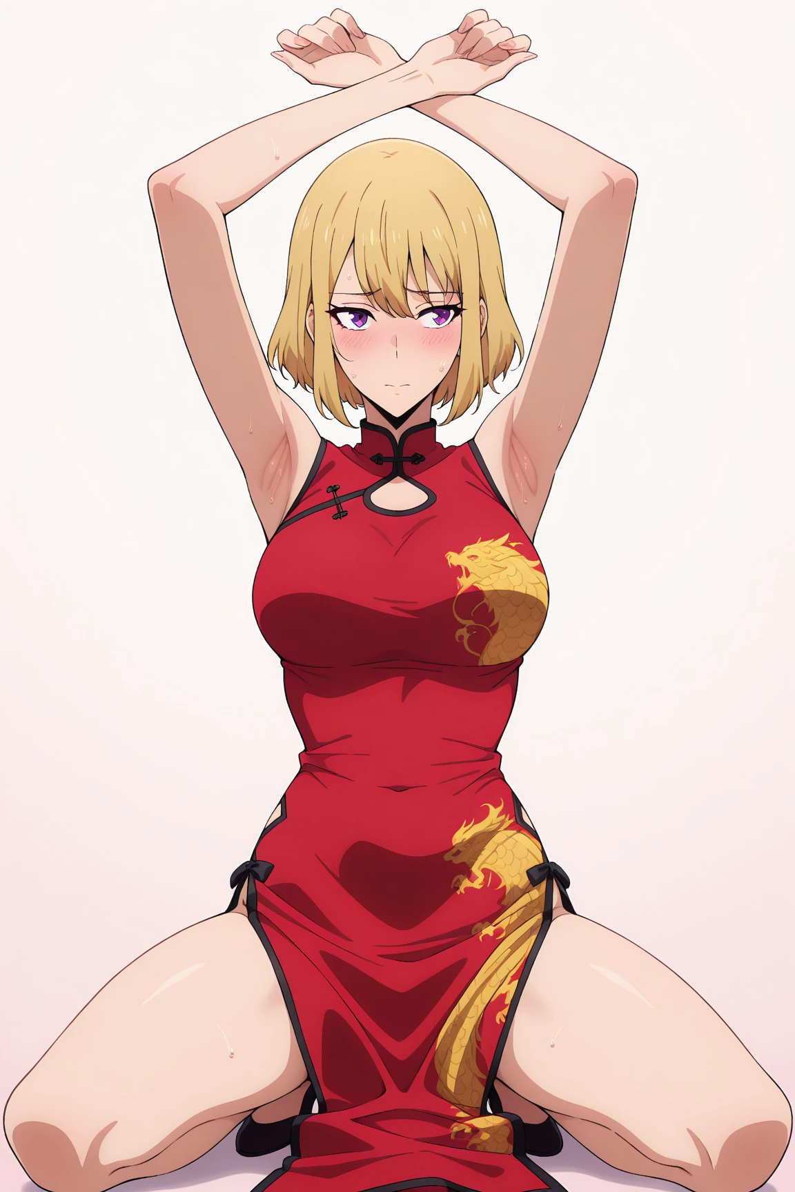 score_9, score_8_up, score_7_up, source_anime, solo, 1girl, hellsing, seras victoria, smug, sinister smug expression, evil, looking at viewer, arms behind back, blonde hair, hair over one eye, blue eyes, red gown, short sleeves, latex suit, humongous breasts, large breasts, massive breasts, boob window, bare breasts, naked breasts, Chinese dress, wearing Chinese dress, exposed thighs