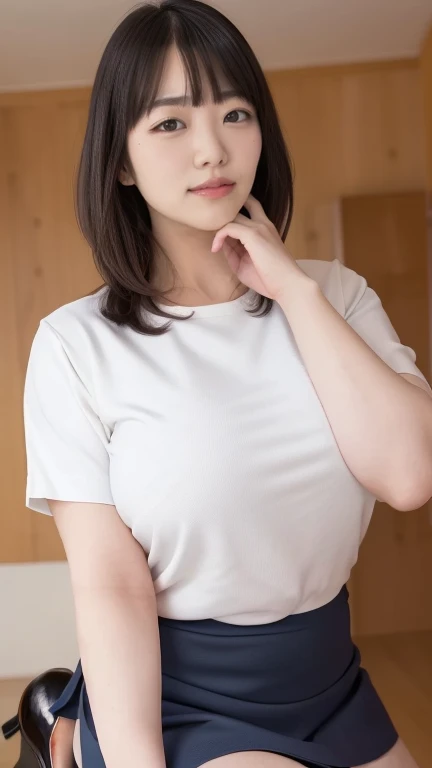 High resolution、Photorealistic、Hyperrealism、(From above)、Slender body、Realistic、Beautiful Japanese Women、Black-haired、Lots of Bangedium Bobs、Detailed face、Detailed lips、Beautiful Eyes、Glowing Skin、one person、Ideal beauty、(Big Breasts)、(White lightweight V-neck T-shirt、Black pencil skirt)、(Sit in an office chair、look up、Close ~ eyes、sleep、Unconscious)