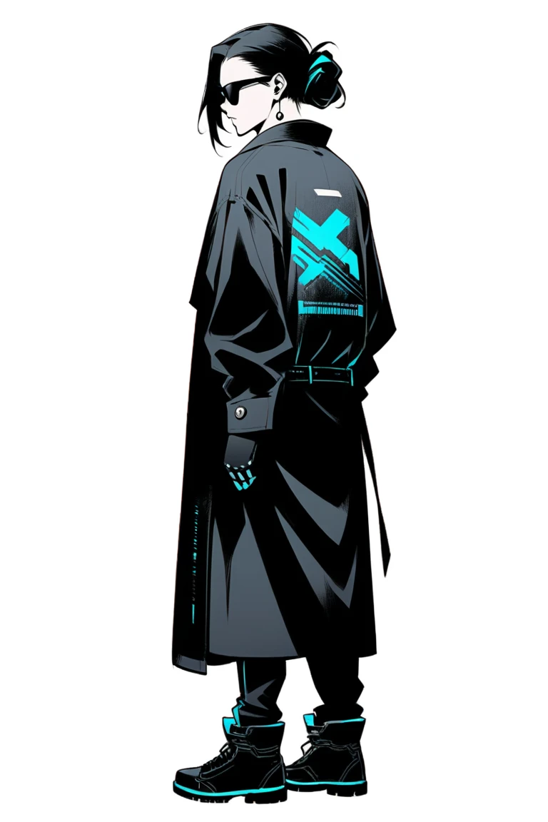 1boy, he is wearing a black high tech mask,earrings,black hair covering both his eyes,open white school blazer with logo ,,standing,hands in pocket, calm,closeup,side profile ,