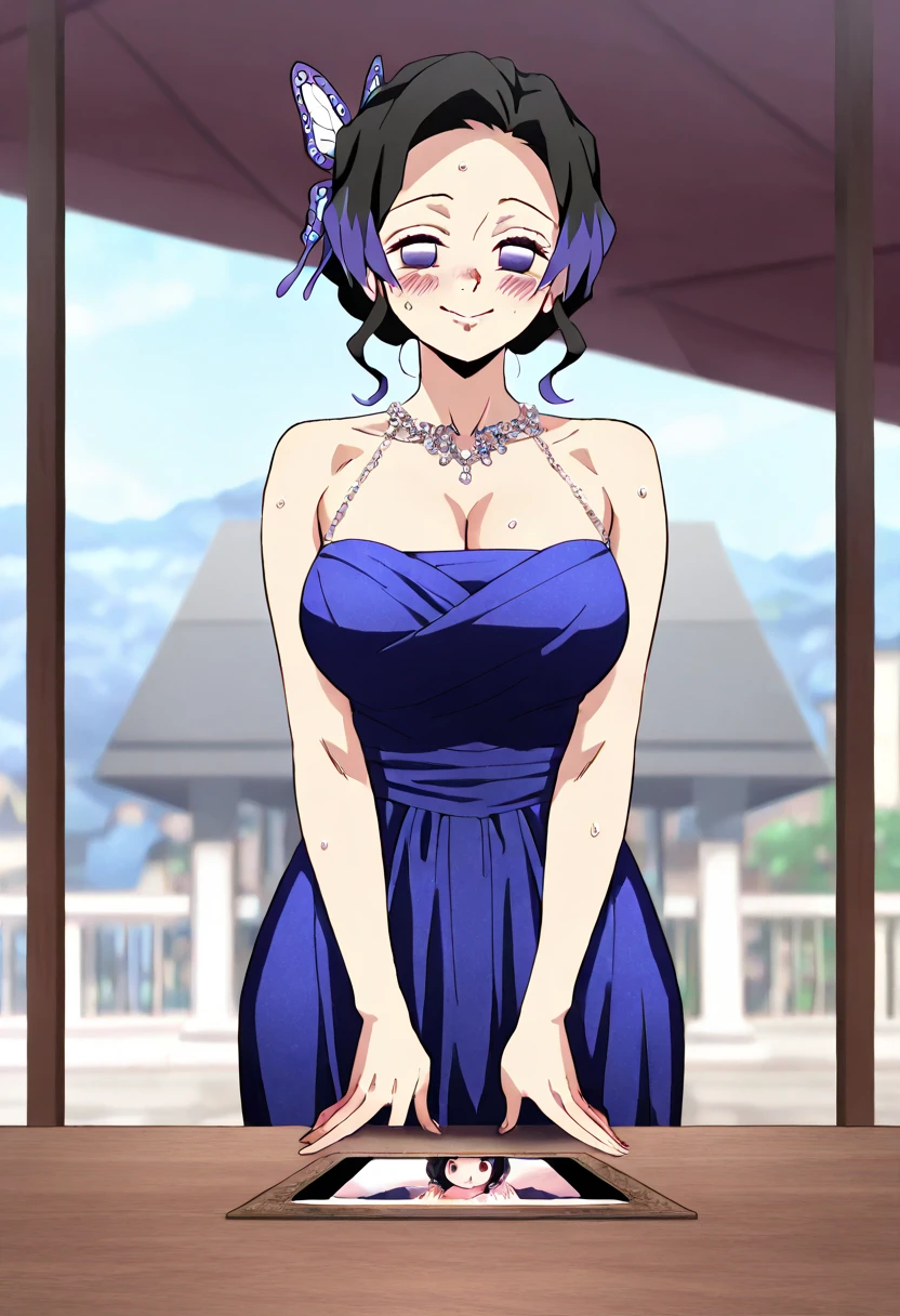 (Top Quality, 8K, High Resolution, Masterpiece: 1.2), Anime, Shinobu Kocho, 1 Girl,solo, Perfect Face, Perfect Eyes, Soft Expression, Medium Breasts, Purple Hair, Short Hair,large butterfly hair clip, Pretty Parted bangs, purple eyes, narrow eyes, ((Elegant dress, light blue dress, cleavage, slim body, youthful, earrings, venue, smile, cowboy shot)), viewer appreciation,