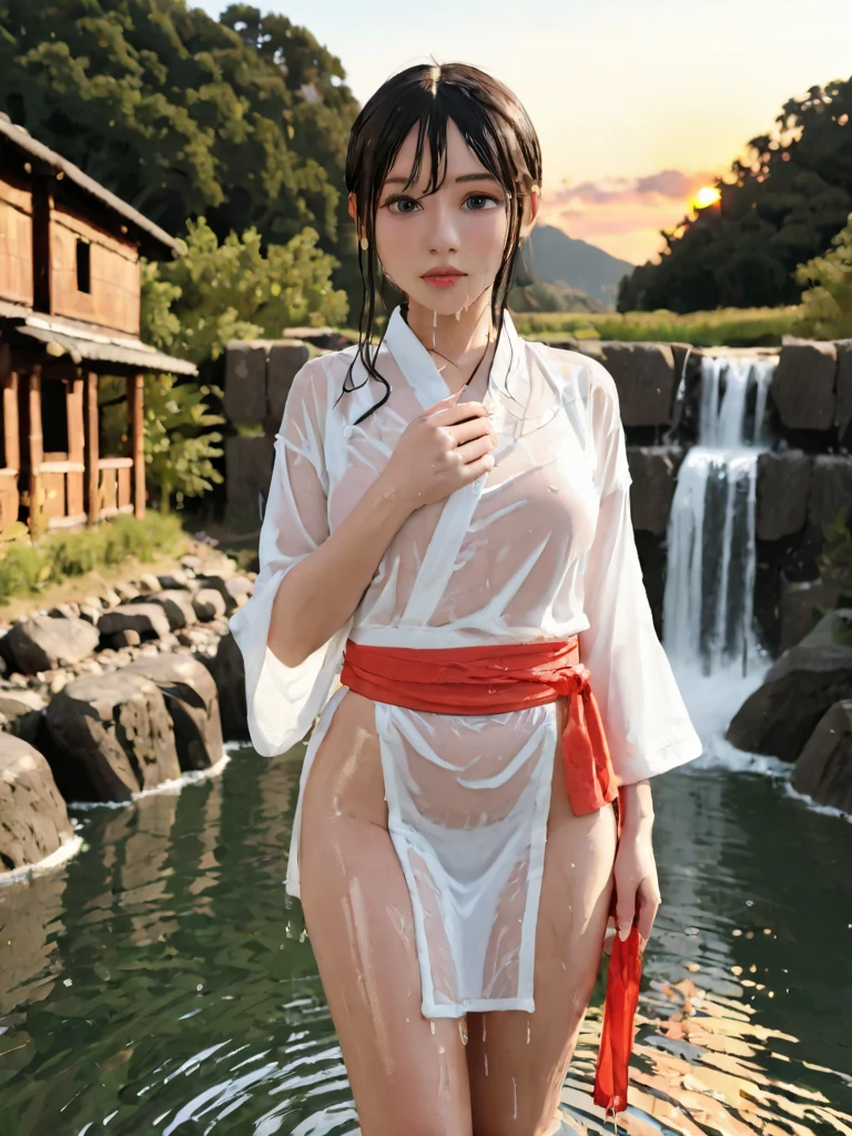A miko that dances while the rain is soaking wet.