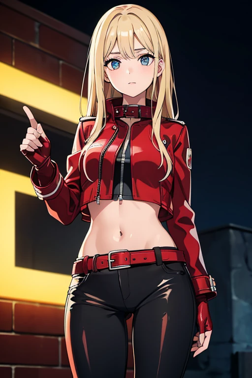 A woman, anime, 20 years old, long blonde hair, tall boots, futuristic red jacket, tank top, cleavage, military pants, tech equipment, Jill valentine, dog tag, various angles, (front, back, side), character sheet, model sheet, reference sheet.