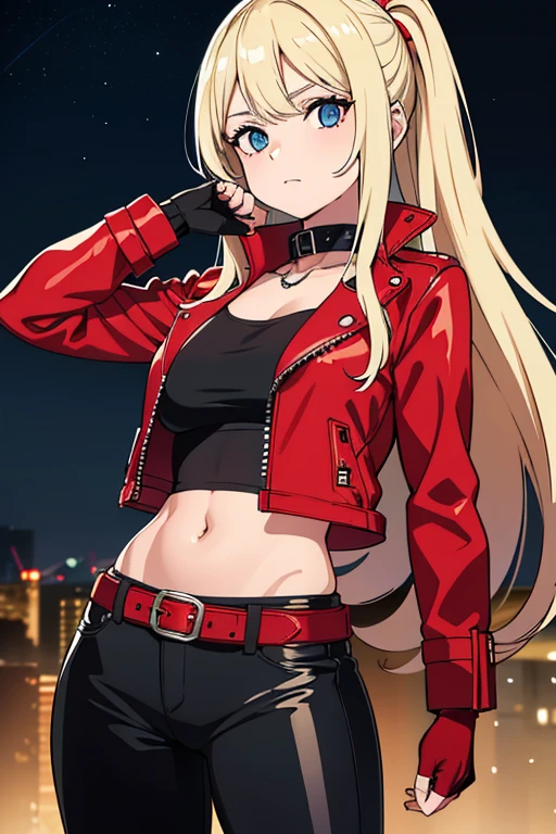 1girl, (sexy, beautiful woman, perfect face, perfect eyes, perfect female body, medium breasts:1.5), (KurumiSSakazaki, long hair, blonde hair, gloves, red choker, hair over one eye, blush, lipstick, fur trim, mature female, gloves, fur-trimmed coat, outdoors, rooftop, cityscape, building, railing, night, night sky, scenery, city lights, blush, lipstick, masterpiece, best quality, highly detailed, a girls with a gun, evil smile , open mouth, sexy gaze, badass pose , evil smile, smile, guns blazing, anime girl with long hair, beautiful long haired girl, navel, evil expression, exposed belly, exposed navel, exposed midriff, exposed lower belly, long black pants, crop top, cleavage, unbuttoned leather pants ,open fly, low rise black leather pants, leather jacket, holding a gun,