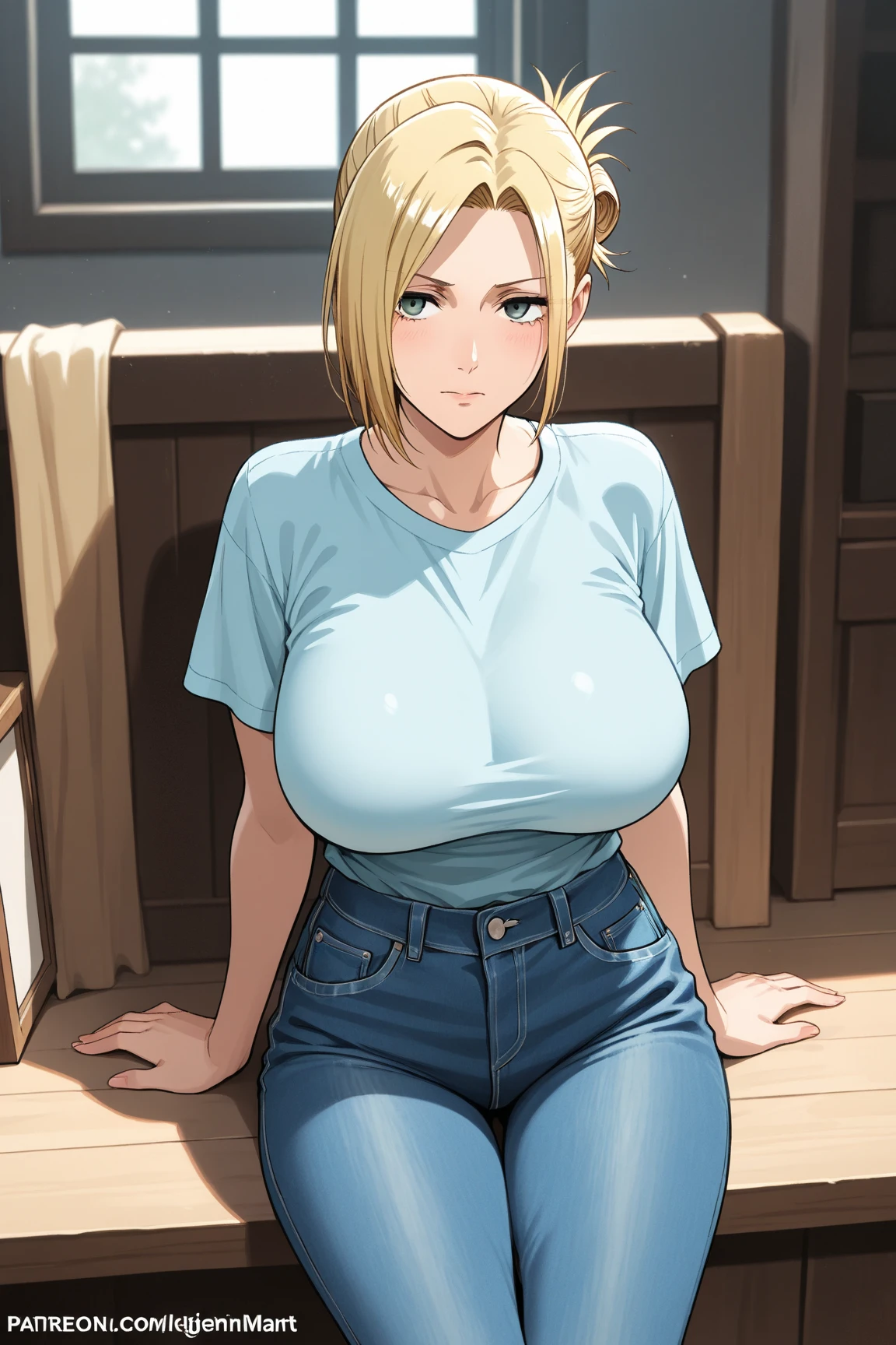 ((Masterpiece)), perfect anatomy, perfect shading, field of depth, (best quality), extremely delicate and beautiful, perfect lighting, detailed face, ultra cute face, cute, ((1girl)), ((solo))

short fluffy blonde hair, ponytail, blue eyes, ((blush)), nervous, looking at viewer, crop top, jeans, cleavage, large breasts, ((thick thighs)), (wide hips), chubby, chubby belly, 

intricate background, detailed background, fast food restaurant, arms behind back,
