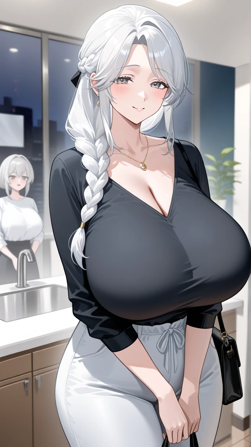 (masterpiece, Highest quality:1.2), (High resolution, 8K RAW Photos, Photorealistic, Clear focus, Weak outline:1.3),(Huge breasts:1.3)、(Saggy breasts:1.9)、 (Cinema Lighting, Sulky, Fabric Shading), throw, (alone:1.5), 1 mature woman, 24-years-old, (Mature Woman:2.5), ((NFSW:1.5, Fuju Chest:1.3, (Saggy breasts), big , Cleavage, Sexually harass, In the heat, present)), ((Bright and beautiful eyes:1.3)), (Sitting on a chair at the bar counter, Lie face down with your arms on the counter, Looking at the audience, Cocktail Glass), Raised to be sexy, (Little happy smile:1.3, Embarrassed), Silver hair with light purple mesh, Medium Long Hair, Hair on one eye, Asymmetrical Hair, Half Up Hair, blue eyes, Wearing a white sexy dress, Long skirt with side slits, A green see-through shawl is wrapped around her shoulders., (Luxurious accessories, necklace, Earrings, bracelet), Bokeh, Dynamic Angle, Tilt to the side:1.2, Close-up face:1.5, whole body, From below:1.2, (Correct Anatomy:1.6, Ideal body proportions, The right move:1.5, Small hands), Overnight, Dark Room,、(topless:1.9)、(Nipplesを見せる:1.5)、(Areolaを見せる:1.5)、(Nipples:1.0)、(Areola:1.2)、blush