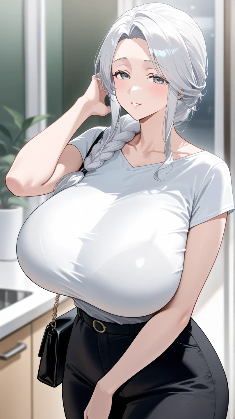 (Uhd, Masterpiece, Textured Skin, Super Detail, High Details, High Quality, Best Quality), Detailed Face, 1woman, mature pretty woman, (Huge Body:1.5), (Silver hair tied in a bun, long hair), (Short white top shirt, Denim shorts), standing, six pack, (Dynamic lighting:1.5, very high quality)