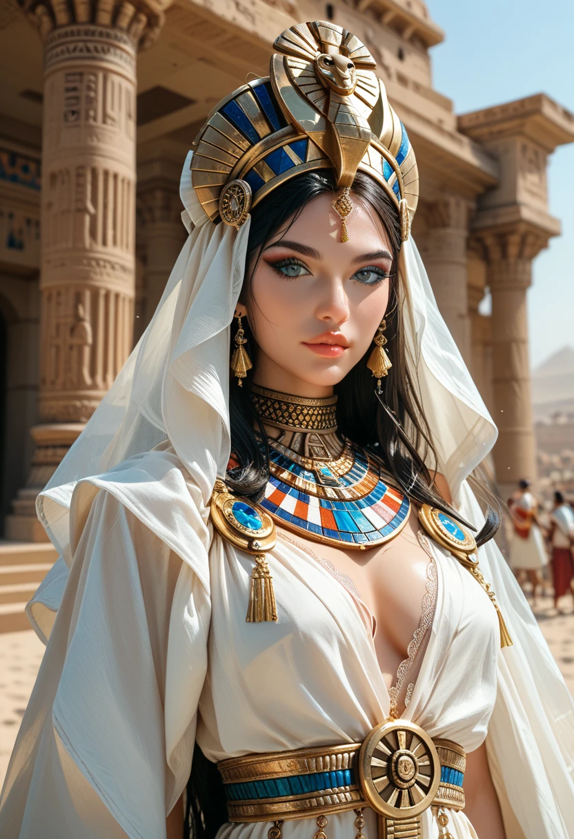hijabi, (best quality, 4k, 8k, high-res, masterpiece:1.2), ultra-detailed, (realistic, photorealistic, photo-realistic:1.37), (beautiful detailed eyes, beautiful detailed lips, extremely detailed eyes and face), studio lighting, physically-based rendering, vivid colors, (big tits, super big tits, super extra big tits), ((waist)), (cleopatra:1.5), (portrait, smile and laugh), (tanned skin:1.5), (luxury silk draperie:1.5),