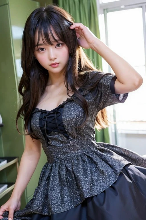 (1girl in:1.3)、photos realistic、Photorealsitic:1.4
Official Art、ultra-detailliert、Beautiful and aesthetic、Beautiful fece、​masterpiece、top-quality、sitted、Spread your legs、hand behind head、Spread your fingers、