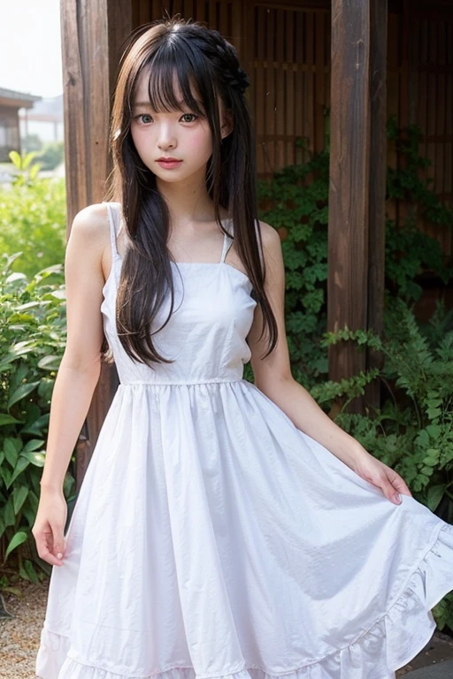 {masterpiece},extremely detailed 8K wallpaper,highres,focus on character,1girl,{{upper body}},hair flower,absurdly long hair,floating hair,halo,pretty eyes,belle,dress,slim,thin,{{delicate face}},cute,street,