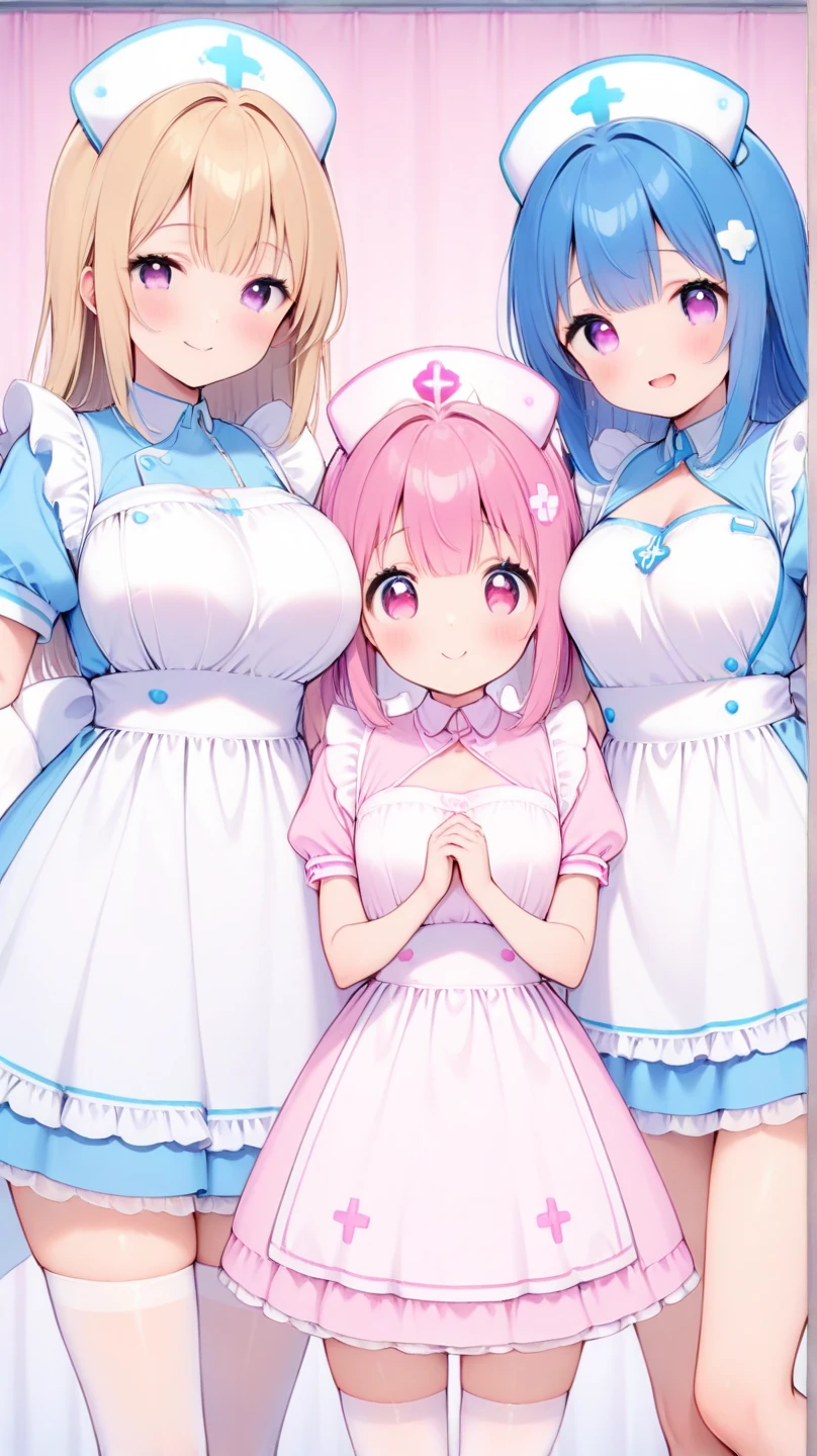 ((Top view、Three beautiful girls、Ruffled Mini Nurse Costume、Off the shoulder、Cleavage Emphasis、Cleavage exposure、Belly button showing、Micro Mini Skirt))、Everyone is wearing different clothes、Random and cute faces、Pink Hair、Blue Hair、Blonde Hair、Quality skin texture、highest quality、smile、masterpiece、High-resolution images、hospital、On the bed、18-year-old、かわいいsmile、Big Breasts、Surround me、Smile at me