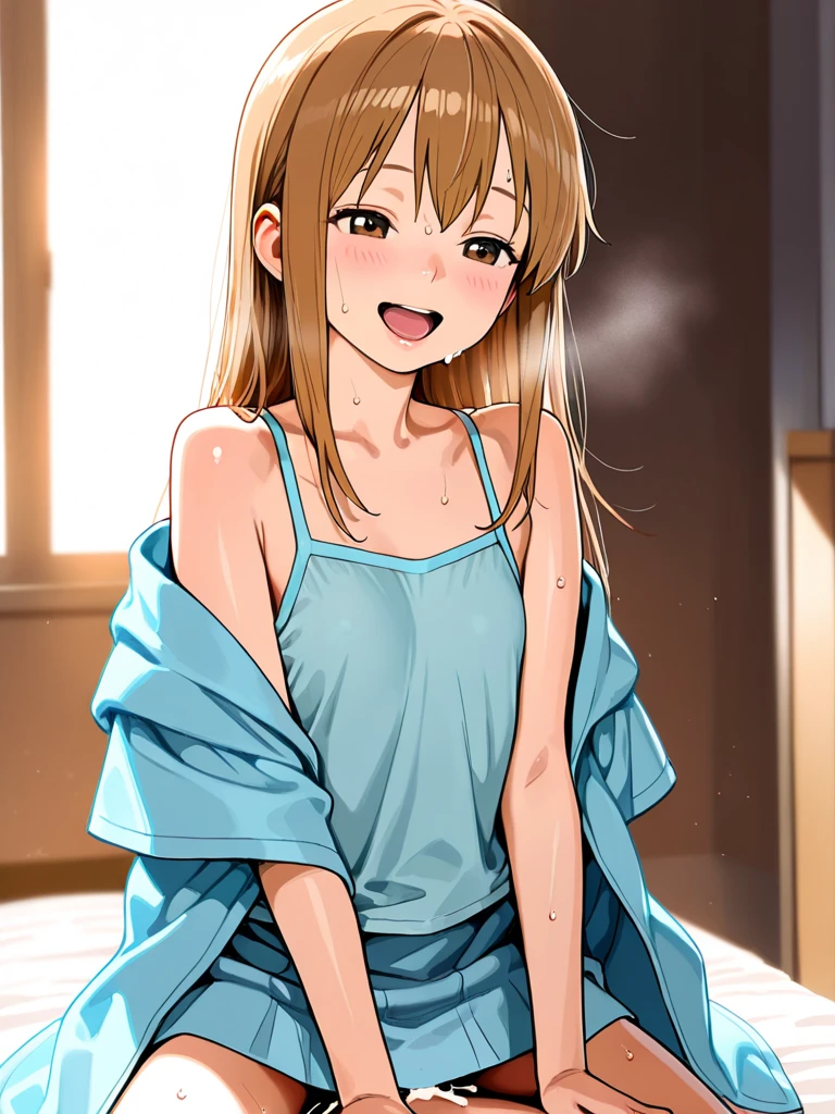 NSFW,(super fine illustration,8k cg wallpaper,highest quality,very detailed,ultra high resolution,best aesthetics),(cowboy shot,From before),IdolMaster,(()), (20yo, beautiful girl), (beautiful light brown eyes),((((beautiful light brown hair)))), ((long straight hair)),(wet hair), (shiny hair), (beautiful pale orange skin),(shiny skin),(wet skin),((blue idol dress)),((see-through)),(flat chests,very large breasts), ((light brown pubic hair:1.3)),(bsp, pussy juice dripping,pussy, pussy slip,no makeup, sweaty body),(no bra),(no panty), (((open clothes)),((spread legs)),(((spread pussy:1.3))),((steam)),(scatter sweat),(one eye closed), (out tongue),(smile),(Nice touch),((turn your arms behind your back)),,(Bukkake, cum on body:1.3),(Bukkake, cum on face:1.2),((Bukkake, cum in hair:1.2),(ecstasy),(((sex,Cowgirl,pov))),bed room,