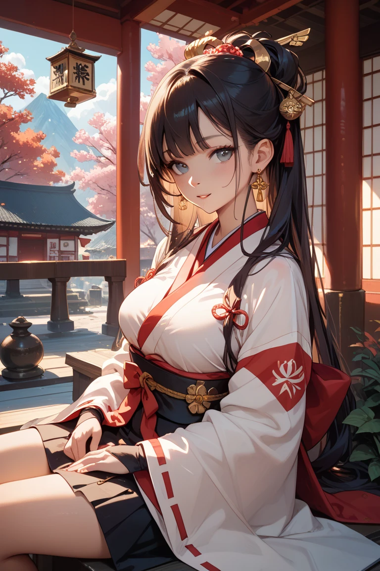 Best Quality、masutepiece、(shrine maiden、soio、japanes、Beautuful Women、25-years old、Beautuful Women:1.5、cute little:2、spotless、D-cups)、shrines、(ssmile、slightly red cheeks)