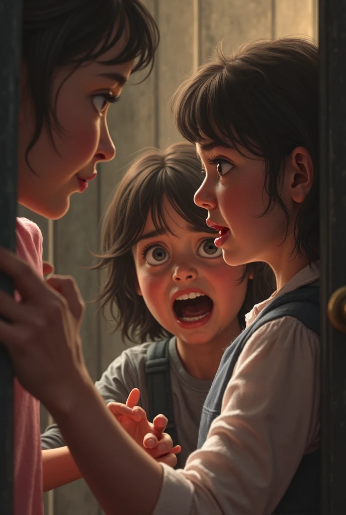 Two girls taking each other's hand through the window