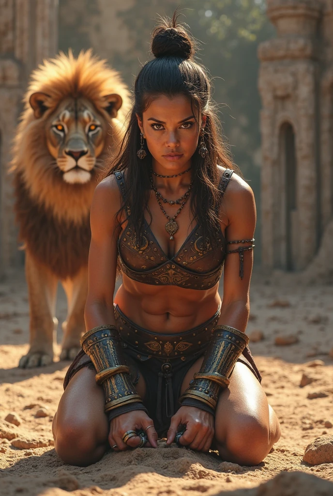 (RAW photo), (Realistic,24k), (photo-realistic), ultra high resolution, masterpiece, highest quality, portrait, facial portrait, perfect lighting, detailed lighting, dramatic shadow, ray tracing, 1 beautiful slave girl, , ((Idol face)), perfect anatomy, dark skin, Voluptuous, cleavage, symmetrical eyes, beautiful detailed brown eyes, chubby lips, big thick thighs, abs, muscle, shortcut hair, black hair, half open mouth, ((wearing a erotic Gladiator costume)), ((in Rome Arena)), (((fight with Lion))),