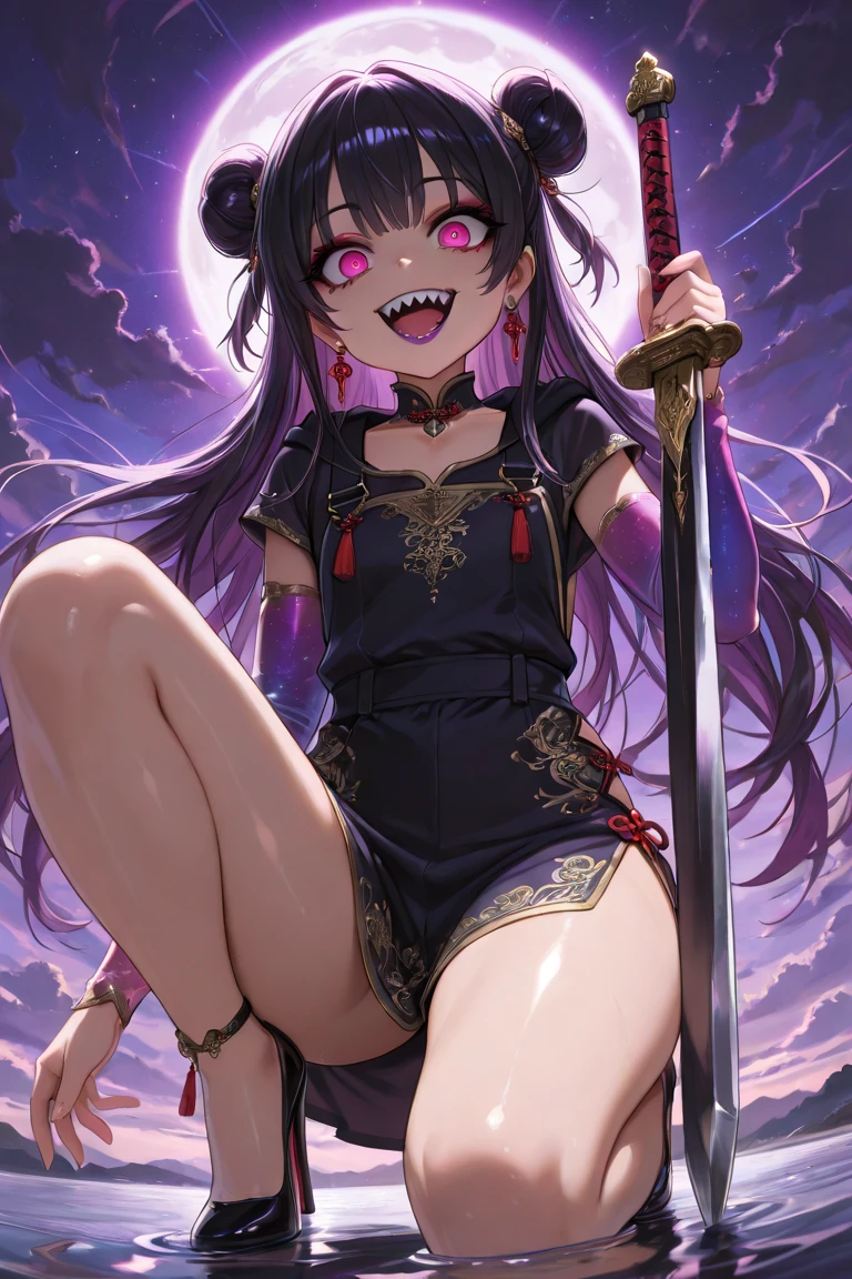 1girl, aster nemesis, dark-skinned female, black hair, very long hair, yellow eyes, flat chest kimono, obi, ribbon, twin tails, looking at viewer, (((dark cave))), , night, smile, ,(((tentacle sex))),(nsfw),8yo,bare foot
