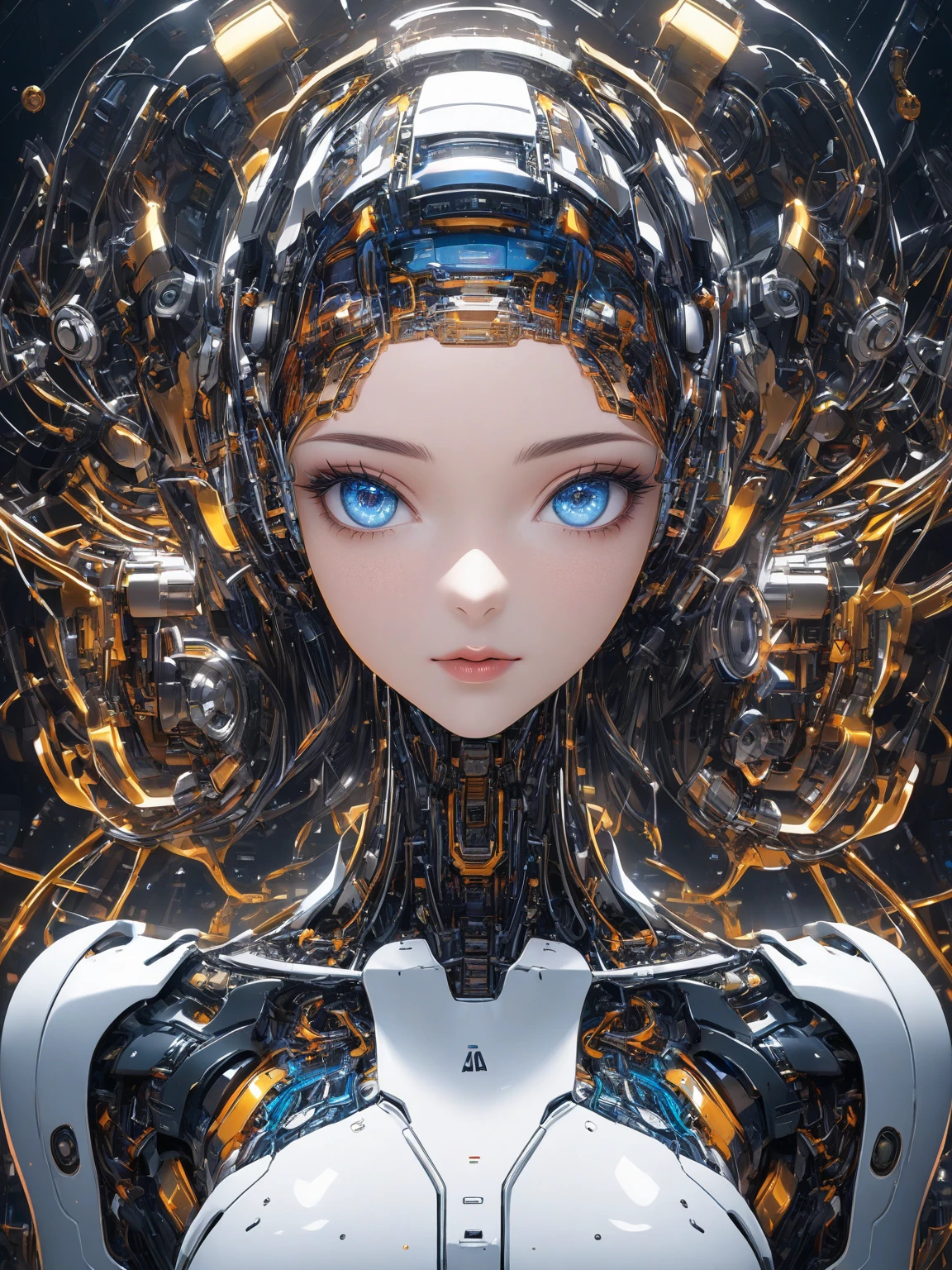 Top Quality, Masterpiece, Ultra High Resolution, ((Photorealistic: 1.4), Raw Photo, 1 cyberpunk android Girl, ((portrait)), Glossy Skin, (Ultra Realistic Details)), transparent plastic covering mechanical limbs, tubes connected to the mechanical parts, mechanical vertebrae attached to the spine, mechanical cervical attachment to the neck, wires and cables connecting to the head, Evangelion, ((Ghost in the Shell)), small glowing LED lamps, global lighting, deep shadows, Octane Rendering, 8K, Ultra Sharp, Metal, Intricate Ornament Details, baroque details, Very intricate details, realistic light, CGSoation trend, facing the camera, neon details, (android manufactory in background), art by H.R. Giger and Alphonse Mucha.