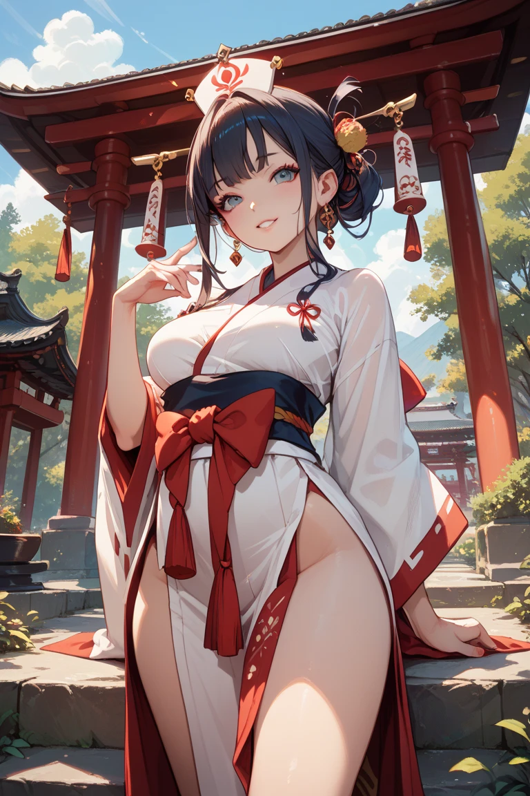 best quality, masterpiece, extremely detailed CG, extremely detailed 8K wallpaper, standing, HDR ,1girl, solo, outdoors, Japanese shrine, Japanese girl (extremely beautiful), black hair, full body, very thin, detailed face, detailed eyes, mischievous smile, smooth and soft pellet, wearing micro kimono, kneeling demurely on a mat, intricate details, hyper detailed, Beautiful Fingers, Beautiful Nose, Beautiful character design, perfect face, facing viewer, huge breasts, slim waist, purple eyes, tanned skin, dark skin, curvaceous body, hands on her lap, glamour shot