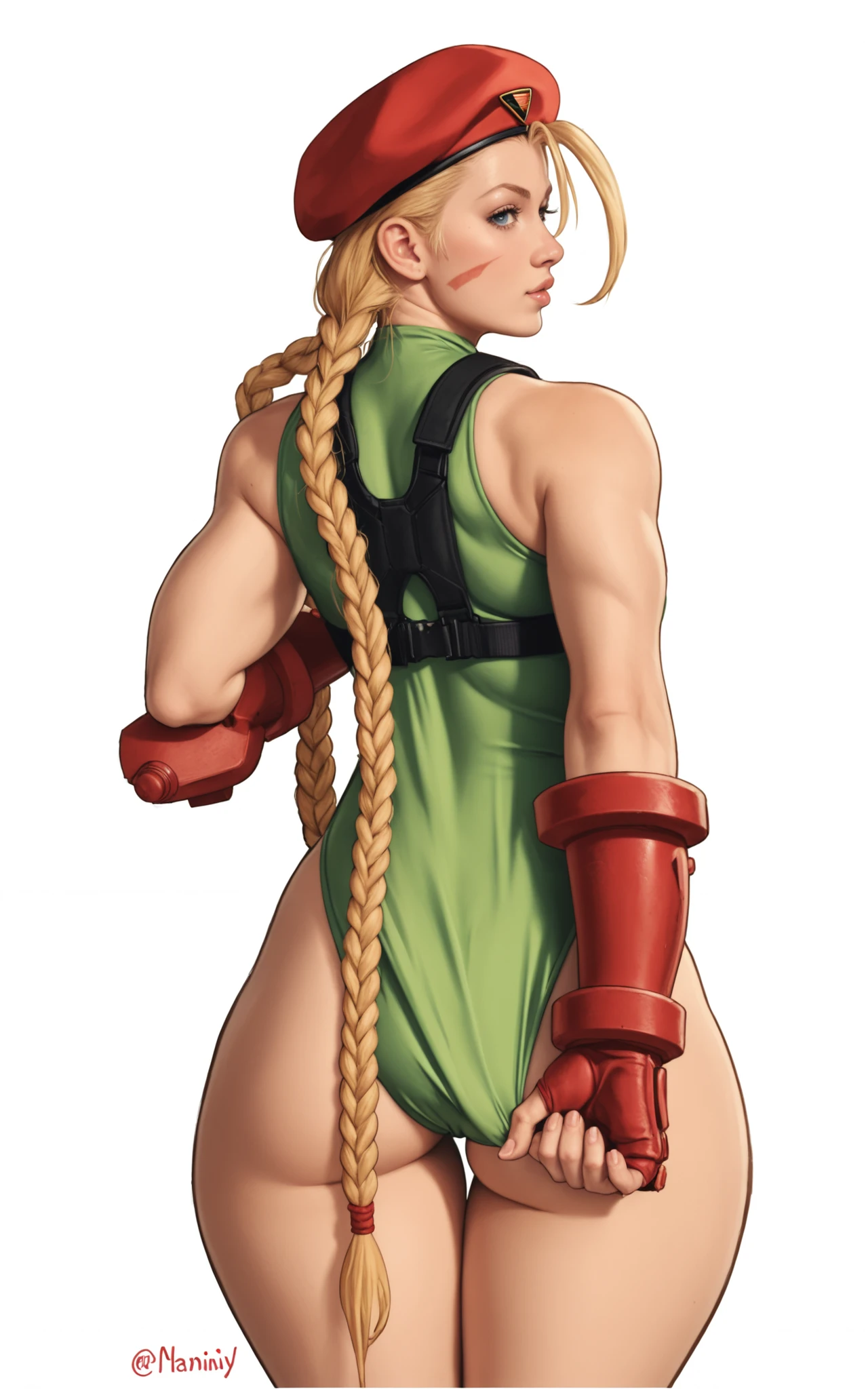 Realistic picture of Cammy, from Street Fighter, braided pigtail, green costume, playing in a arcade machine of Street Fighter II, back view, diagonal view, intricated detail, 8k, cinematic, volumetric light, rear light