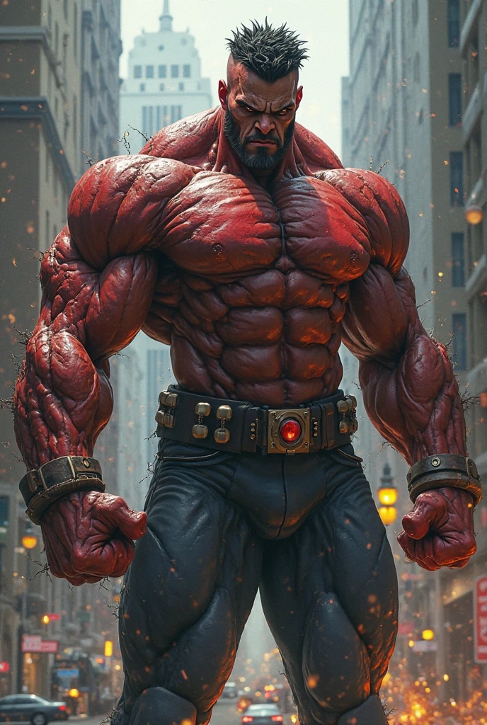 Create man with venom red hand make him more powerful grow hair