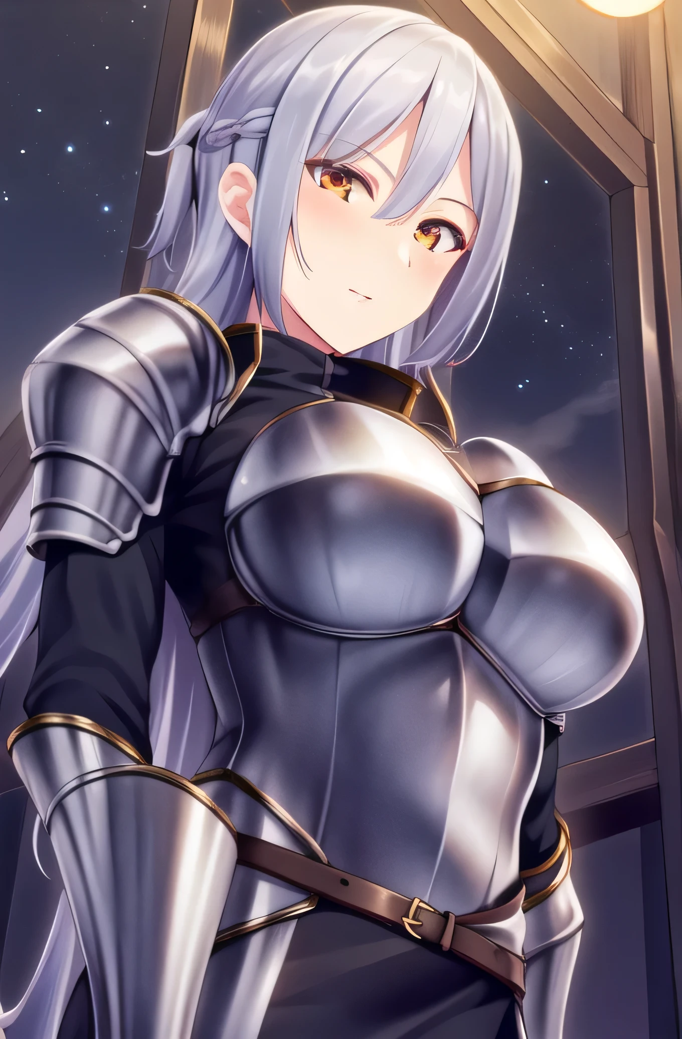 nsfw, masterpiece, extra limbs, 1lady, 25 years old, silver extra long hair, silver pubic hair, slant red eyes, big pointy breasts large areolas, muscle, serious, contrappo stobreast hold, (((clothed armored dress knight)))
