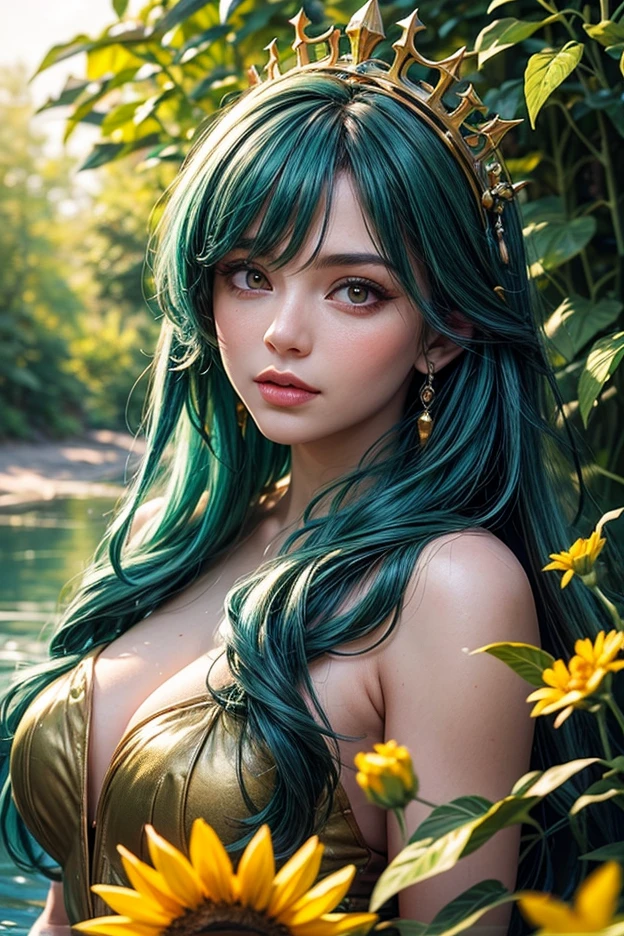 Beautiful woman in gorgeous clothes,Greasy and shiny green lipid hair,(Upper Body)Features