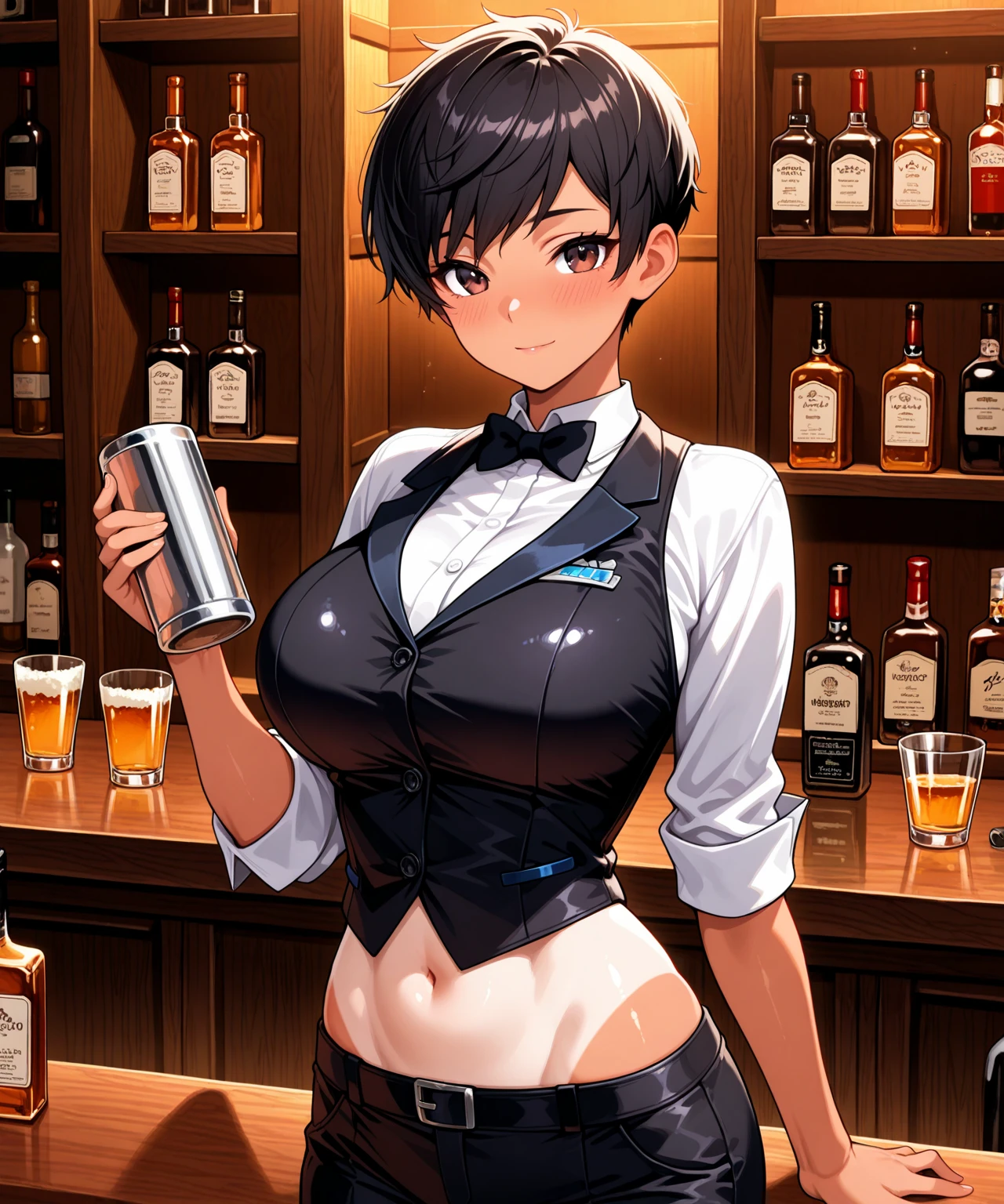 1girl, art by Hajime Isayama, mikasa ackermann, black bartender uniform, black leggings, in a bar, serving soft drinks, dark ambience, working as a waitress, chest cleavage revealing, tied hair over head