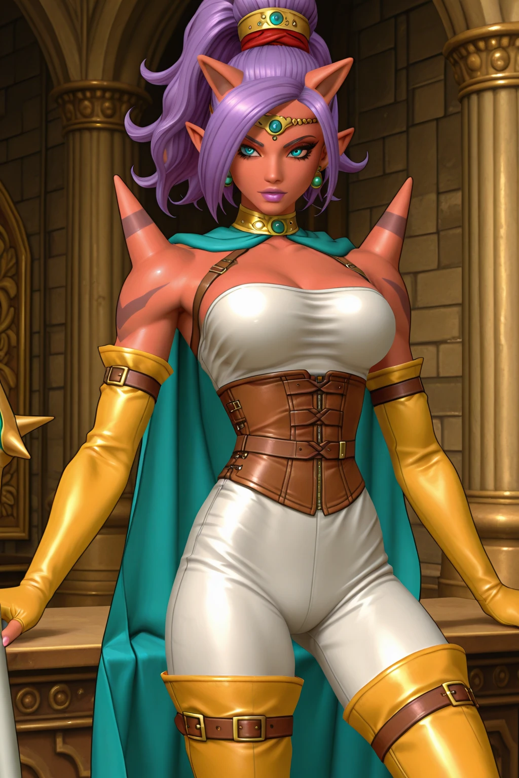 One girl, Large Breasts, DQ10 Star, (Long Hair, Purple Hair, Yellow Eyes, Pointed Ears, horn, Circlet, Earrings, choker)masterpiece, high quality, 最high quality, beautiful, High resolution, Perfect lighting, Detailed face, Detailed body, (masterpiece:1.4),(Realistic:1.4),(High resolution:1.4),DQ10 Seraphy, beautiful背景((Highly accurate rendering down to the finest detail)Very accurate depiction)[High resolution],(Familiar illustrations,Very detailed drawing,Finely drawn lines with good tempo,Realistic texture expression)Wearing a black high-leg leotard、Wearing a black high-cut swimsuit、Are standing、Cowboy Shot、alone、DQ10 Seraphy
