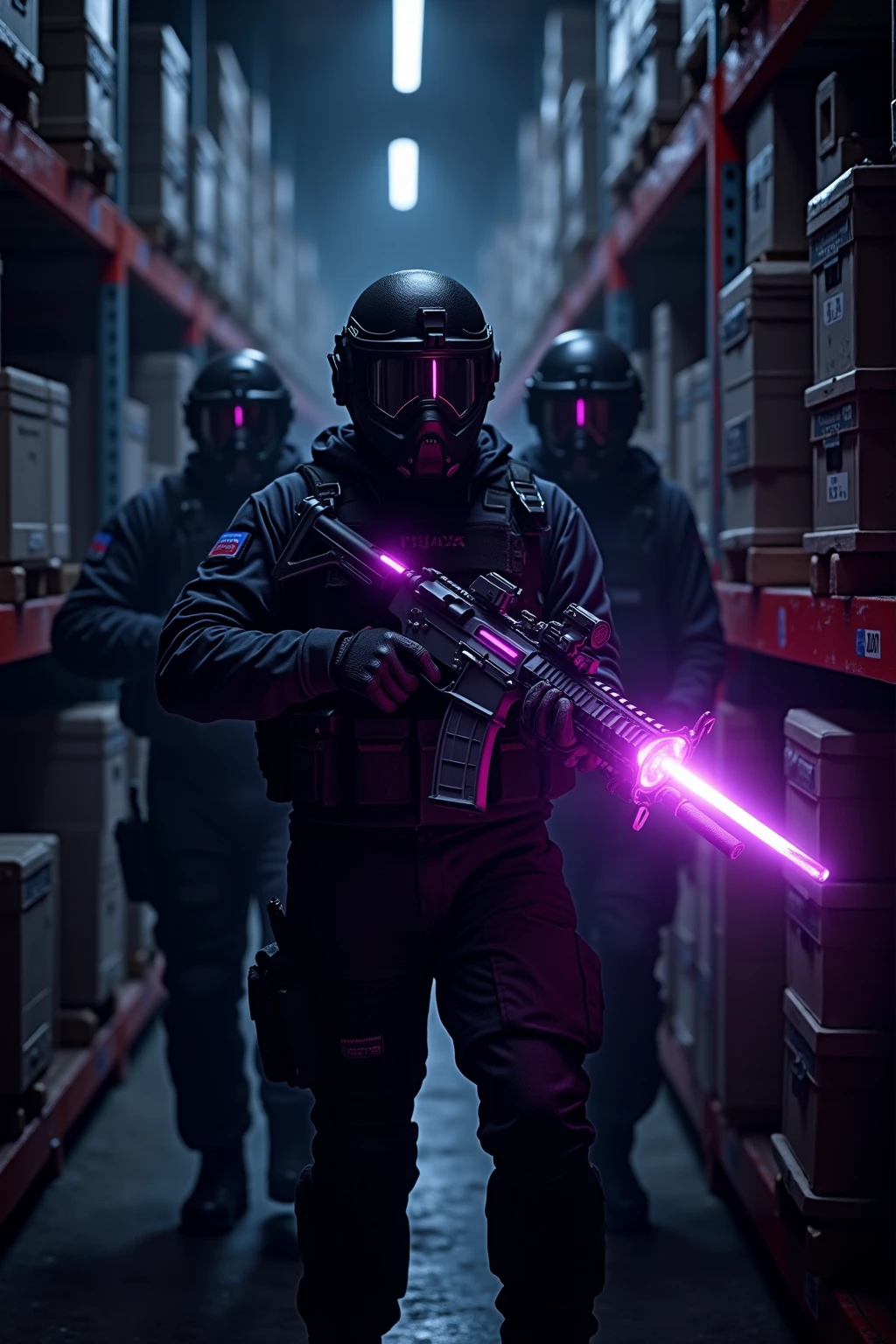 Design the legendary rare level equipment, epic machine gun, With a violet aura , carried by a team of s.IN.a.t, in a dark warehouse