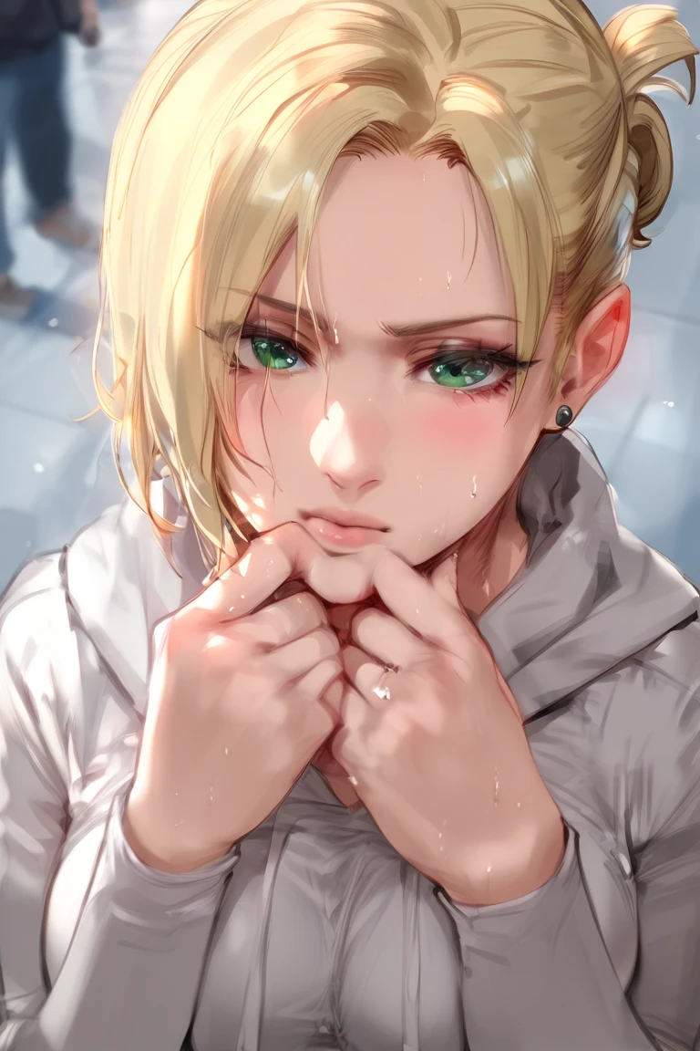 ideal, masterpiece, (Best quality, A high resolution:1.2), 1 girl, beautiful detailed eyes, beautiful detailed lips, extremely detailed eyes and face, Long eyelashes, middle:Oil painting, bright colors, HDR, studio lighting, ultra fine painting, sharp focus, physically based rendering, (handmade:1.4), (penis:1.2),focus on penis, (naked tits covered in cum:1.3 NFV((after blowjob)), ((cum on face)), ((organized fingers)), curvy body, big breasts, perfect shape, facing the viewer, sweaty, fabulous, ((hands up)), sleeveless turtleneck, intersecting, smile, blonde hair, Blue eyes, split