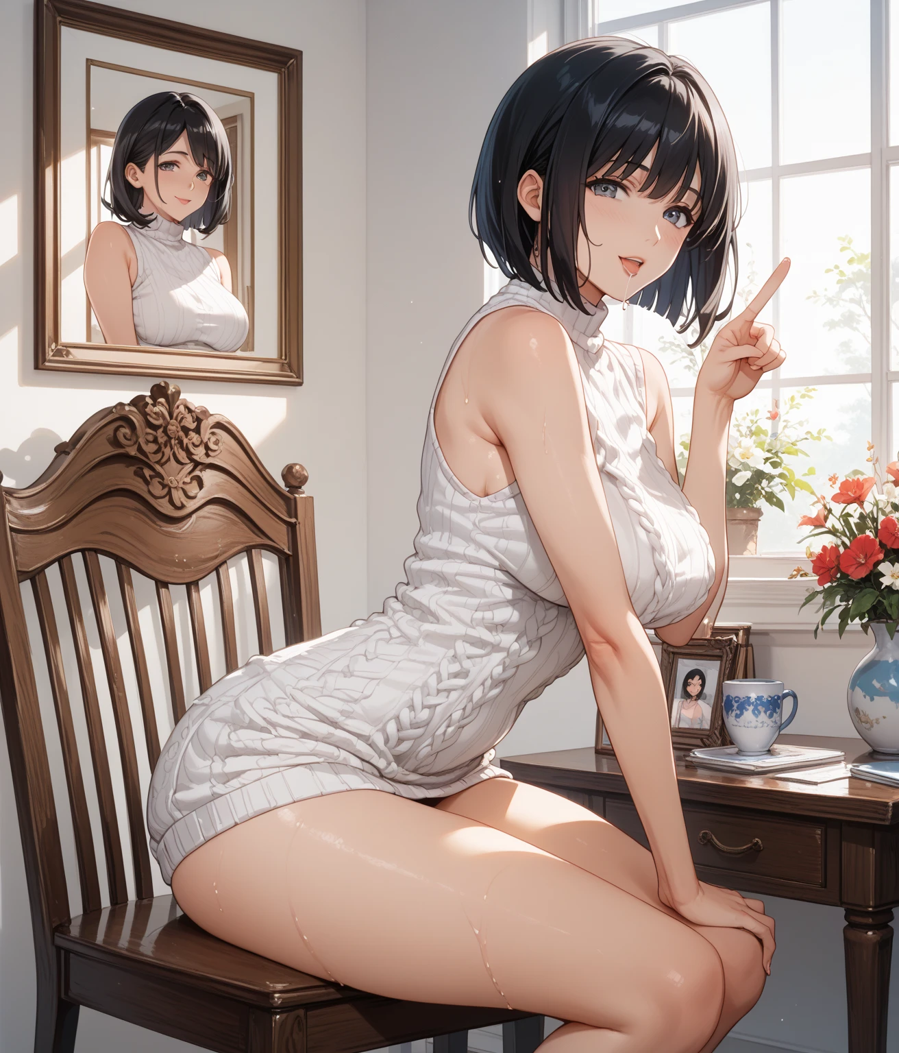 ((masterpiece, best quality,distinct image)), 1girl,solo, jeanne d'arc alter, large breasts,(alternate costume, white dress, shoes:1.2),sitting, crossed legs, indoors, couch, window <lora:jeanne d'arc alter:0.6>