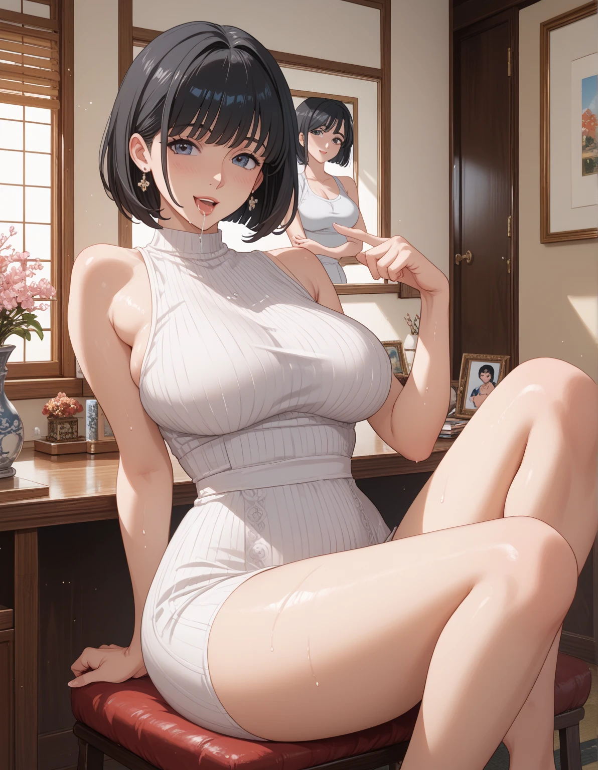 solo、Female college student、(Big Breasts、Big Tits)、(Black Hair、Very Short Hair、Boyish cut)、(White off-shoulder ribbed knit、white long sleeves white、White dress white、White Micro Mini White、White mesh panties)、Gold Necklace、(Bare thighs、Smooth thighs)、Black short boots、Stand with your legs spread wide、University、classroom