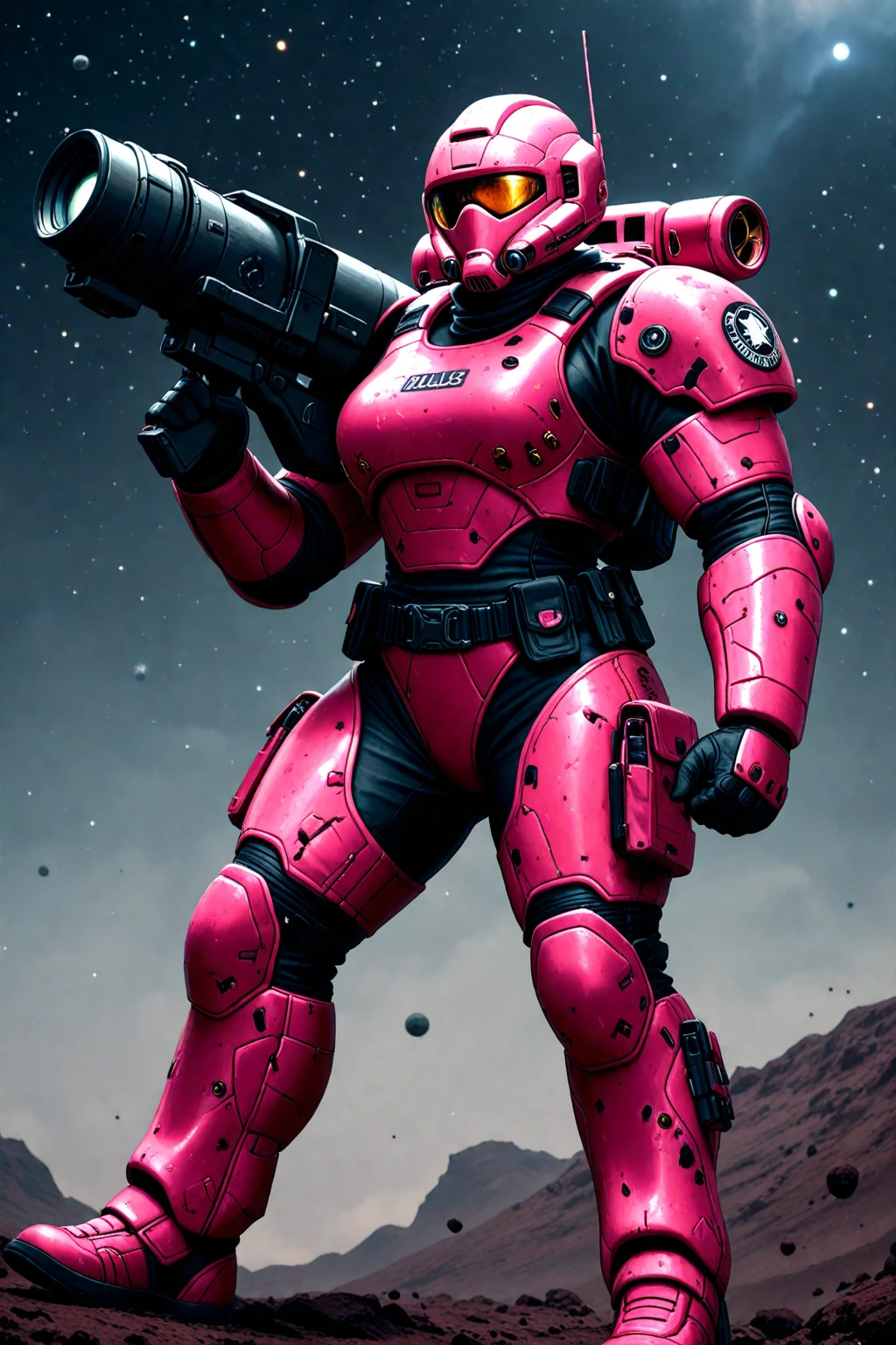 ((helldivers 2)) Very Large and Bulky Very muscular and bulky female space marine in black and pink armor holding a very large rocket launcher on an alien planet