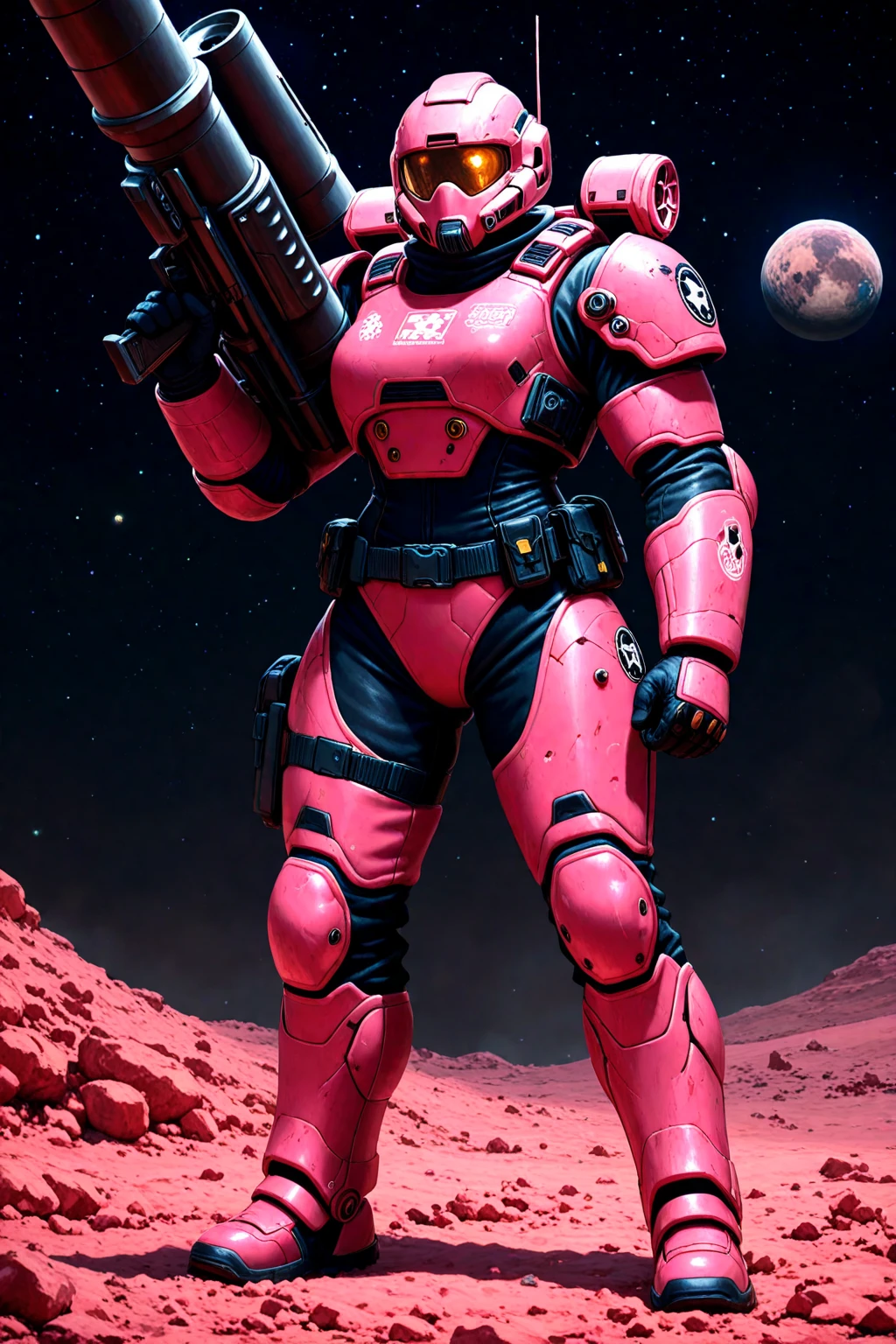 ((helldivers 2)) Very Large and Bulky Very muscular and bulky female space marine in black and pink armor holding a very large rocket launcher on an alien planet