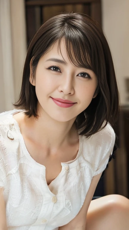Portrait, 8k, high quality, realistic photo images, 29-year-old, japanese woman, neat wife, housewife, Reproduces natural and realistic eyes, japanese stand, beautiful black hair, short hair, light makeup, octane rendering, beautiful lighting, composition of golden ratio, laughter, everyday wear, casual clothes, natural background, blurred background, High level image quality, Pure Japanese humanity, beautiful wife, Upper body, light makeup, No makeup, pure beauty, plain clothes, grey, beige, green, Plain color, casual clothes, slight smile, small black eyes, background bokeh