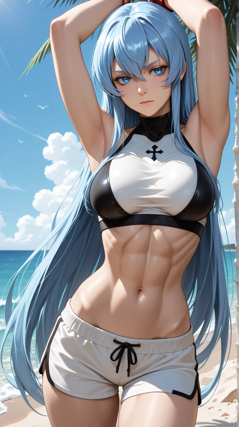 masterpiece, highest quality, silver hair, middle hair, black bikini, beach, (abs:1.5), (muscular:1.3), underarm, blue eyes, happay