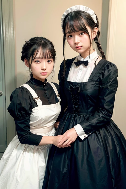 Hair flowers, star hair accessories, collar shirt, bow tie, short hair, buttons, lips parted, look at the audience, black ribbon, by ichinomiya yuu, solo, blunt bangs, black flower, hair ribbon, gradient background, stars (symbol), skirt, 2girls
