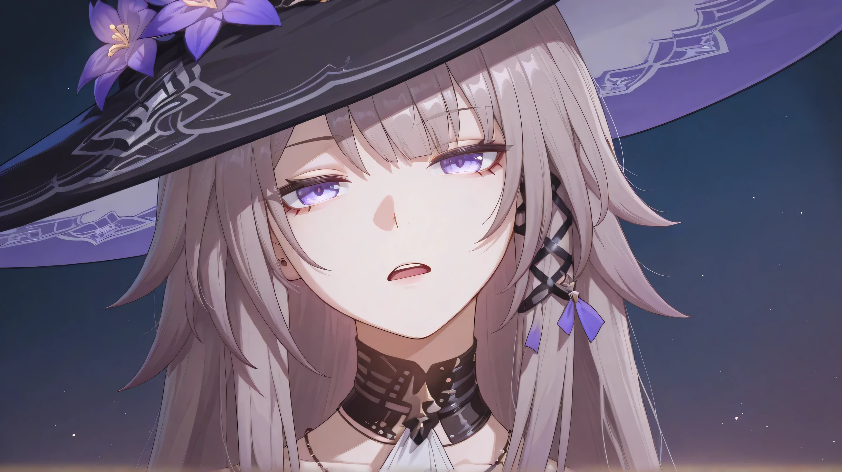 The Herta honkai star rail, unimpressed face, looking angrily at viewer, head tilt, wearing hat, open mouth