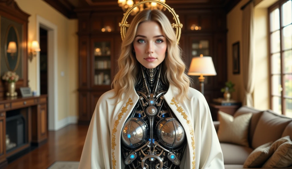 (masterpiece:1.4, best quality), (intricate details), unity 8k wallpaper, ultra detailed, beautiful and aesthetic, Female Paladin wearing Silver Chain Shirt Armor with Moonlit Edges , gold Alchemist Robe with Transmutation Circles: Transmutation circles are intricately woven into the fabric, representing alchemical knowledge., sapphire crystals woven in to robe, (Tallow,Vessel color background:1.3),  <lora:ArmorFusion:0.8> mediaeval battlefield